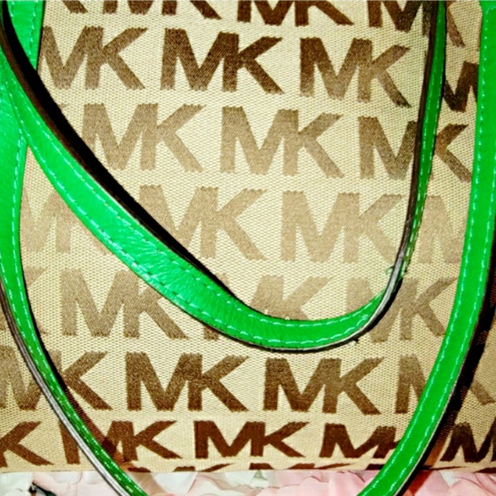Michael Kors Brown MK Monogram Tote with Green Strap Accents EUC - Picture 3 of 6